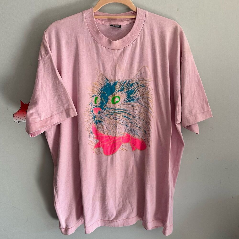 Vintage Neon Gold Sparkle Cat Graphic T-Shirt Light Pink XXL Single Stitch